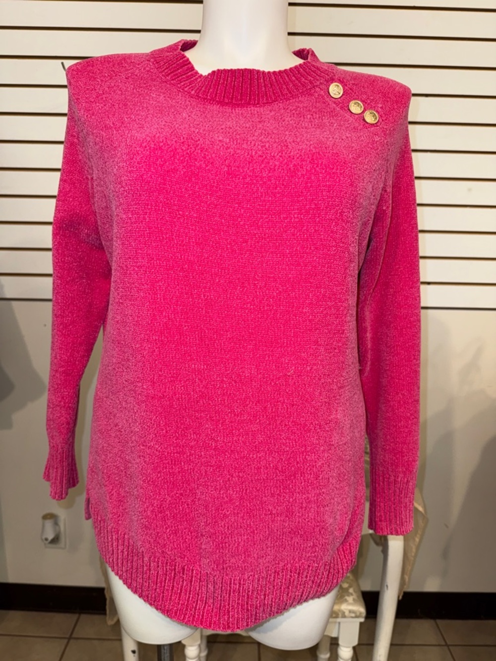 Belle by Kim Gravel Hot Pink Crewneck Sweater with Gold Shoulder Buttons